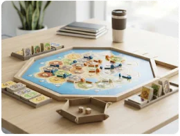 Plansza do gry strategicznej z heksagonalnymi polami, pionkami i kartami